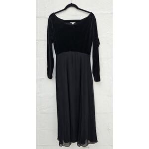 Vintage Ann Taylor Dress 12 Black Velvet Maxi Stretch Sheer Overlay Goth‎ Gown